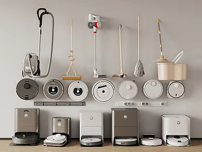 Wall Mounted And Shelf Displayed Home Cleaning Appliances Including Robotic Vacuums Mops Brooms Vacuum Cleaners 3d model