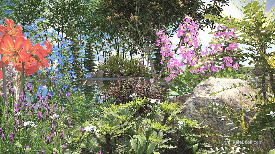 Vibrant Garden Landscape Featuring Lush Shrubs With Pink Blue And Red Flowers Near Rocks 3d model 