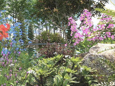 Vibrant Garden Landscape Featuring Lush Shrubs With Pink Blue And Red Flowers Near Rocks 3d model