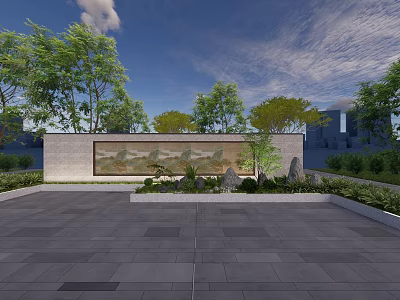 Scenic Feature Wall With Decorative Mural Surrounded By Green Plants And Stone Pavement 3d model