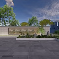 Scenic Feature Wall With Decorative Mural Surrounded By Green Plants And Stone Pavement