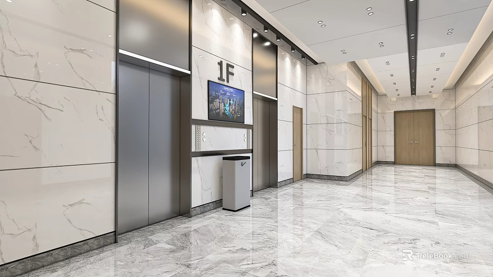 Elevator Hallway Featuring Marble Walls Flooring Display Screen And Trash Bin 3d model