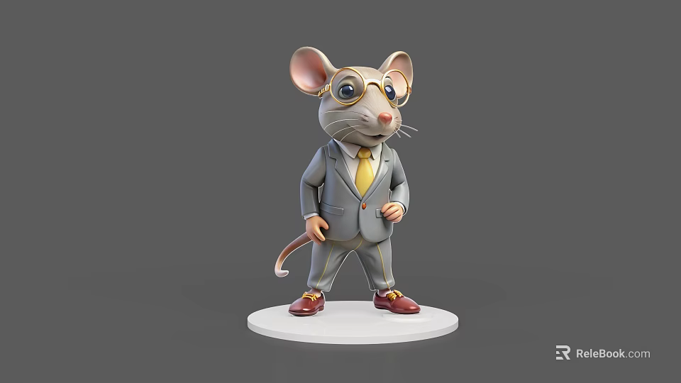 Game Movie Character Cartoon Mouse In Gray Suit With Yellow Tie Red Shoes And Glasses 3d model 