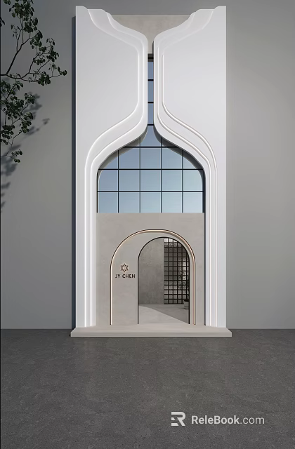 Modern Storefront Facade With Glass Arch Window Gray Walls And Nameplate Design 3d model 