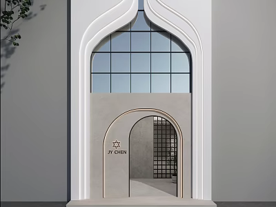 Modern Storefront Facade With Glass Arch Window Gray Walls And Nameplate Design 3d model