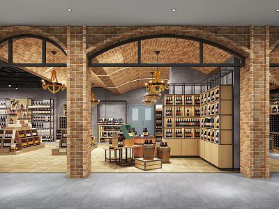 Rustic Specialty Store Interior With Arched Brick Doorways Chandeliers And Product Display Shelves 3d model