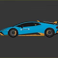 Blue Sports Car With Yellow Accents Black Roof Rear Spoiler And Brown Interior