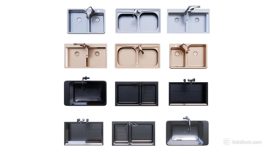 Various Kitchen Sink Styles In Different Colors With Double And Single Bowls 3d model 