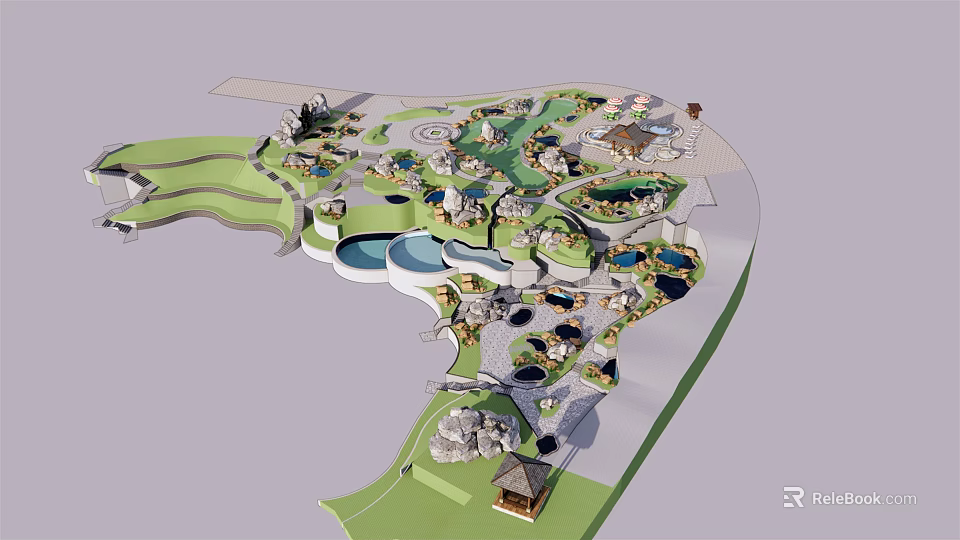 Detailed 3D Park Resort Master Plan Featuring Green Areas Water Bodies And Pathways 3d model 