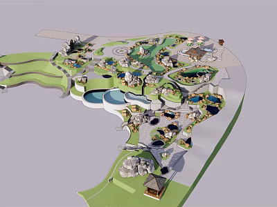 Detailed 3D Park Resort Master Plan Featuring Green Areas Water Bodies And Pathways 3d model