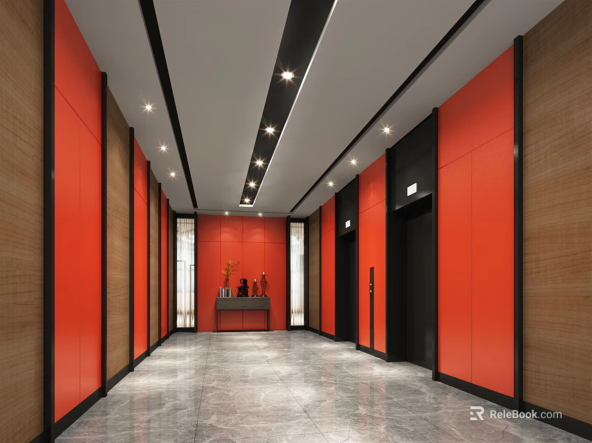 Modern Elevator Hallway With Red Walls Marble Floor And Black Elevator Doors 3d model