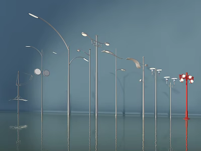 Modern Outdoor Lights With Various Designs Different Styles And Water Surface Reflection 3d model