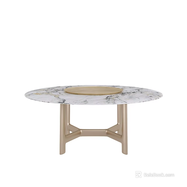 Round Marble Top Dining Table With Wooden Center Tray And Gold Legs Modern Design 3d model 
