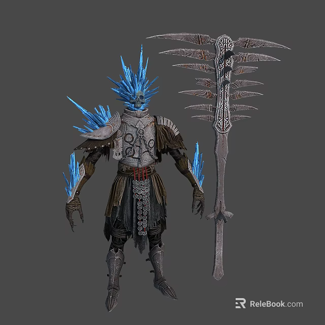 Frost Warrior Character With Ice Crystal Headgear Armored Body Blue Luminous Arms And Spiked Spear 3d model 