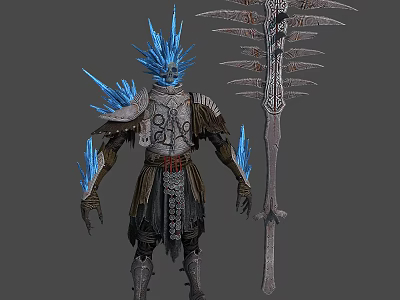 Frost Warrior Character With Ice Crystal Headgear Armored Body Blue Luminous Arms And Spiked Spear 3d model