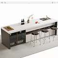 Modern Bar Counter Featuring White Quartz Top Three High Stools Decorative Vase and Fresh Fruits