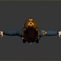 Cartoon Male Character With Brown Curly Hair Mustache Blue Jacket And Outstretched Arms Pose