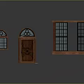 Wooden Decorative Door and Windows with Arched Top Grid and Metal Accents
