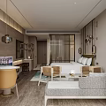 Modern Hotel Room Featuring King Bed Floor-to-Ceiling Windows City View Decorative Wall Art And Area Rug