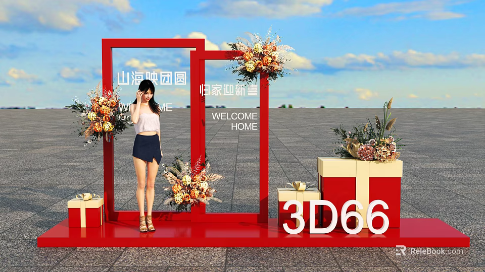 Outdoor Floral Decoration Setup With Red Frame Welcome Home Sign And Gift Boxes 3d model 