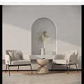 Leisure Sofa Set With Two Beige Accent Chairs Round Coffee Table Arched Niche Green Plant