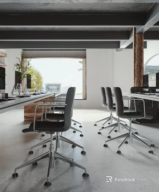Modern Public Office Interior With Open Layout Desks Chairs Green Plants And Natural Light 3d model 
