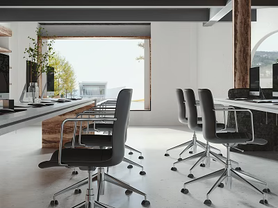 Modern Public Office Interior With Open Layout Desks Chairs Green Plants And Natural Light 3d model
