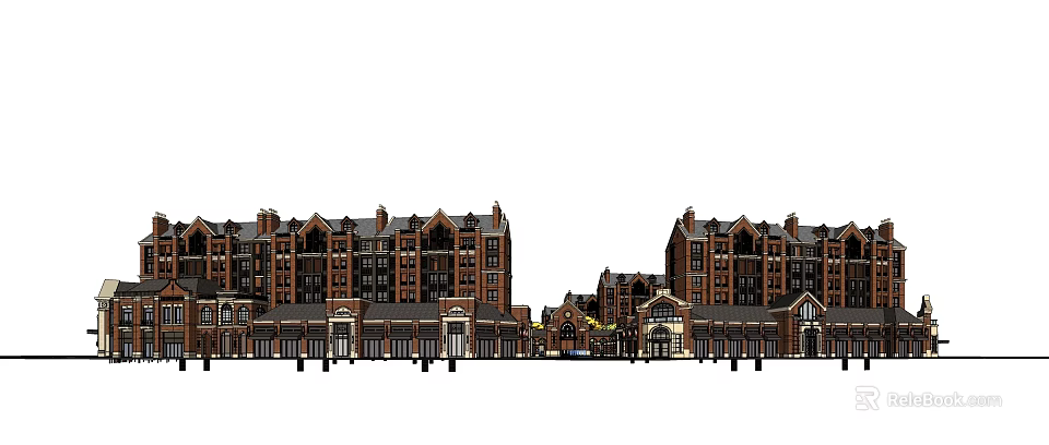 Red Brick Multi Story Commercial Residential Buildings With Arched Doors And Gabled Roofs 3d model 