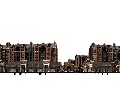 Red Brick Multi Story Commercial Residential Buildings With Arched Doors And Gabled Roofs 3d model
