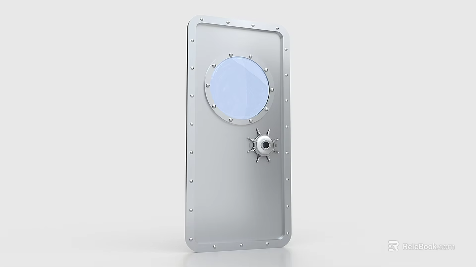 Riveted Metal Hatch Door With Circular Porthole Window And Star Shaped Handle 3d model 