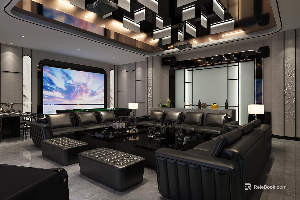 Modern KTV Interior Design With Large LED Screen Leather Sofas And Stylish Lighting 3d model 