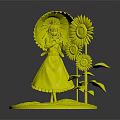Girl Figurine In Red Dress Standing With Umbrella And Sunflowers