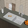 Stainless Steel Kitchen Sink with Modern Faucet and Fresh Fruits on Countertop with Tile Backsplash