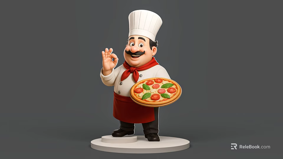 Man Chef Wearing White Chef Hat And Red Apron Holding Pizza Making OK Sign 3d model 