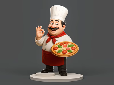 Man Chef Wearing White Chef Hat And Red Apron Holding Pizza Making OK Sign 3d model