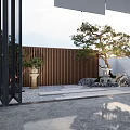 Modern Courtyard Garden Landscape With Wooden Slat Fence Pine Tree And Stone Path