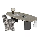 Modern Oval Desk With Light Colored Top White Lamp Notebook Mobile Phone And Patterned Chair