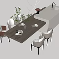 Modern Wooden Dining Table And Chairs Set With Plant Magazines And Plates