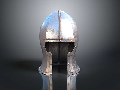 Ancient Metallic Weapon Helmet Featuring Vintage Design Shiny Surface And Reflective Base 3d model