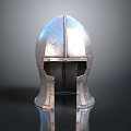 Ancient Metallic Weapon Helmet Featuring Vintage Design Shiny Surface And Reflective Base 3d model