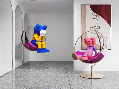 Transparent Spherical Hanging Chairs With Metal Chain And Floor Base In Modern Room 3d model