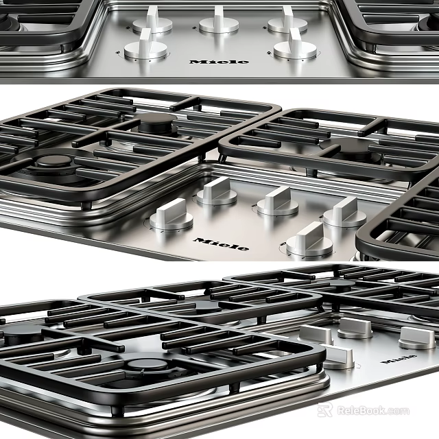 Modern Kitchen Featuring Miele Gas Cooktop With Stainless Steel Grill Grates And Control Knobs 3d model 
