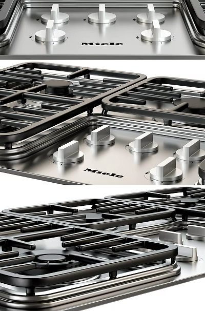 Modern Kitchen Featuring Miele Gas Cooktop With Stainless Steel Grill Grates And Control Knobs 3d model