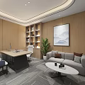 Public Office Space With Work Desks Computers Lounge Sofas Round Table Wooden Walls And Carpet 3d model