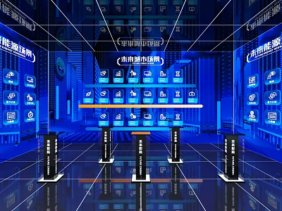 Smart Exhibition Hall Interior With Digital Screens Display Stands And Blue Lighting 3d model