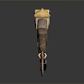 Yellow Weapon With Wooden Stock Metal Components And Hook Rope Attachment On Gray Reflective Surface