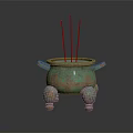 Decorative Bronze Incense Burner Ornament Set With Three Legs Side Handles And Red Incense Sticks