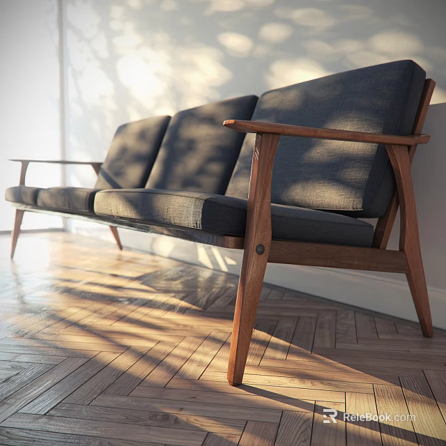 Mid Century Single Sofa With Dark Fabric Upholstery And Wooden Armrests In Sunlit Living Room 3d model 
