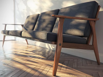 Mid Century Single Sofa With Dark Fabric Upholstery And Wooden Armrests In Sunlit Living Room 3d model