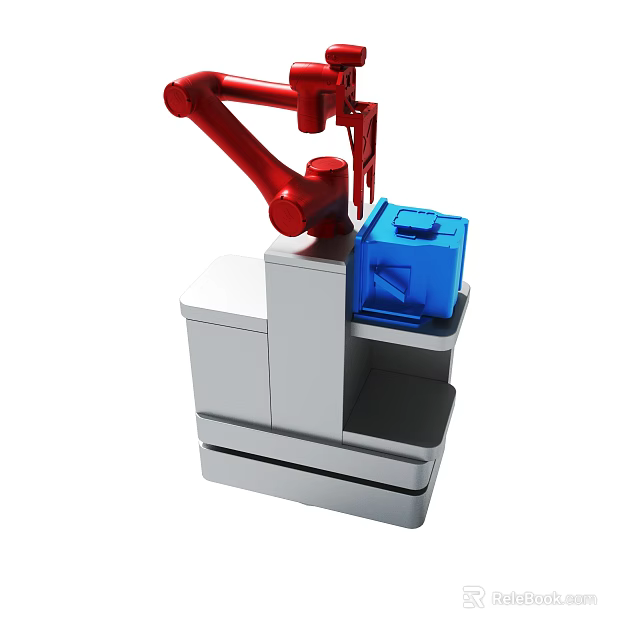 Red Mechanical Robotic Arm Operating Blue Box On Gray Base Platform 3d model 